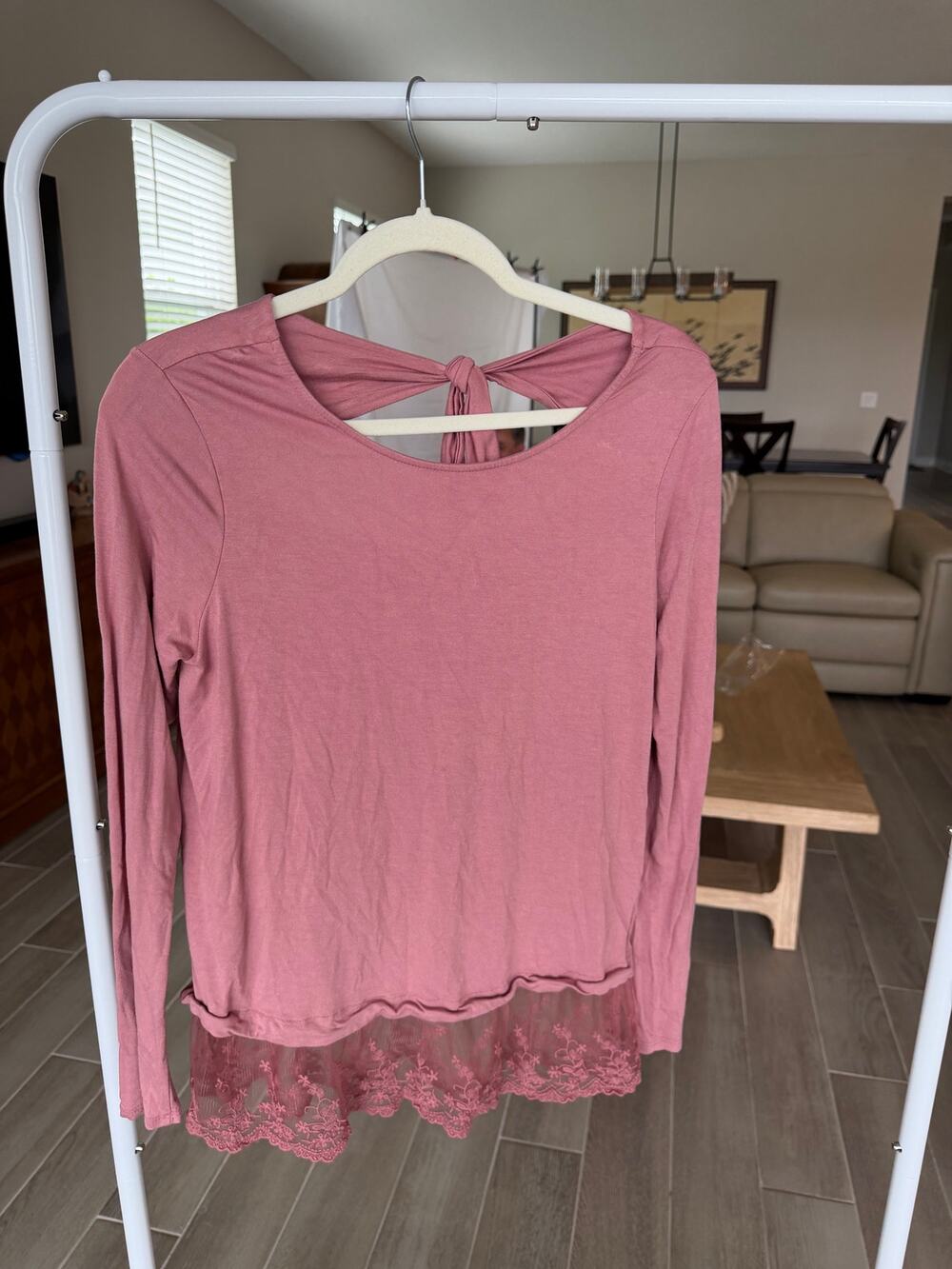 Alya Mauve Lace Hem Tie Back Long Sleeve Top XS